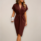 Belinda | Wrap V-Neck Twist-Waist Midi Dress in Red Wine