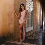 Juno | One-Shoulder High-Slit Maxi Dress in Pink