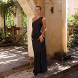 Juno | One-Shoulder High-Slit Maxi Dress in Black