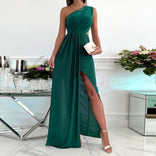 Leonie | Draped One-Shoulder High-Split Maxi Dress in Green