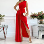 Leonie | Draped One-Shoulder High-Split Maxi Dress in Red