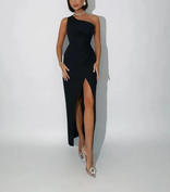 Maisie | One-Shoulder Ruched Split Maxi Dress in Black