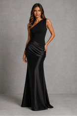 Edwina | Draped One-Shoulder Mermaid Maxi Dress in Black