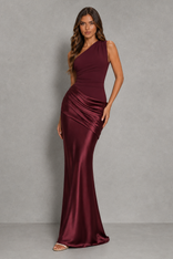 Edwina | Draped One-Shoulder Mermaid Maxi Dress in Cherry Lacquer
