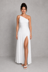 Serafina | One-Shoulder Ruched High-Split Maxi Dress in Ivory
