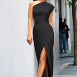 Rosalba | One-Shoulder Wrap-Slit Maxi Dress in Black