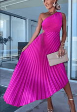 Lucia | Pleated One-Shoulder Cutout Maxi Dress in Hot Pink
