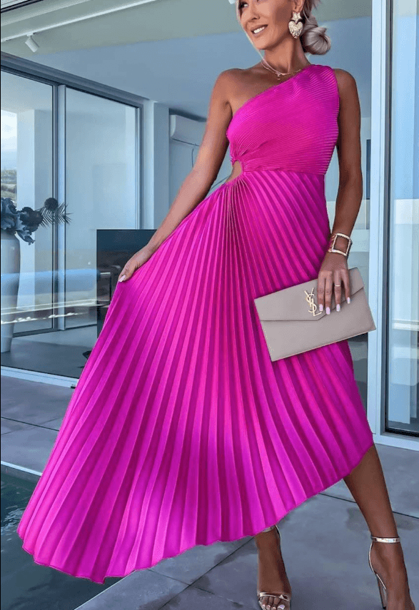 Lucia | Pleated One-Shoulder Cutout Maxi Dress