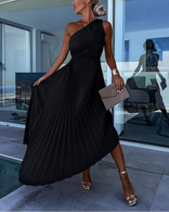 Lucia | Pleated One-Shoulder Cutout Maxi Dress in Black