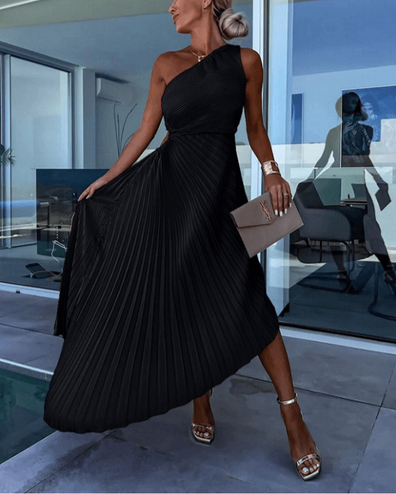 Lucia | Pleated One-Shoulder Cutout Maxi Dress