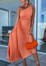 Lucia | Pleated One-Shoulder Cutout Maxi Dress in Orange