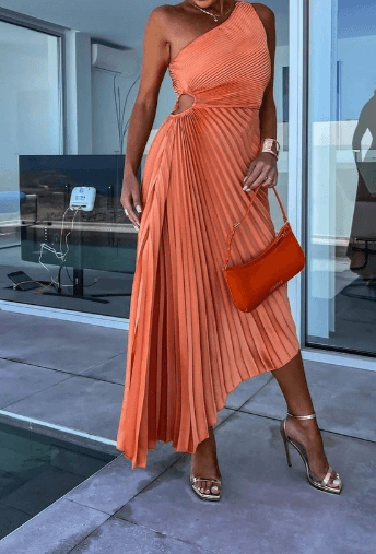 Lucia | Pleated One-Shoulder Cutout Maxi Dress