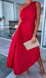 Lucia | Pleated One-Shoulder Cutout Maxi Dress in Red