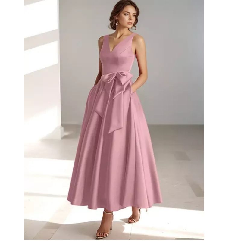 Lydia | Satin V-Neck Belted Midi Dress