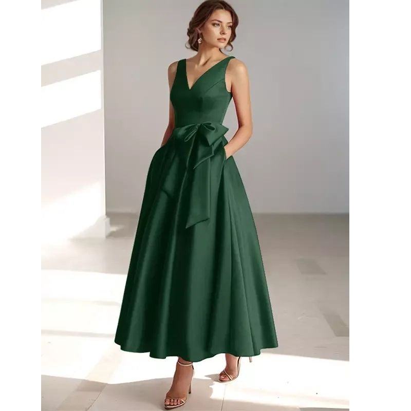 Lydia | Satin V-Neck Belted Midi Dress