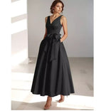 Lydia | Satin V-Neck Belted Midi Dress in Black