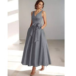 Lydia | Satin V-Neck Belted Midi Dress in Gray