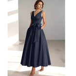 Lydia | Satin V-Neck Belted Midi Dress in Dark Blue