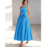 Lydia | Satin V-Neck Belted Midi Dress in Blue