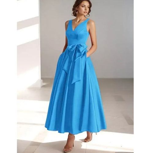 Lydia | Satin V-Neck Belted Midi Dress