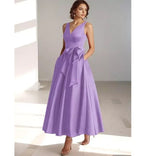 Lydia | Satin V-Neck Belted Midi Dress in Purple