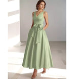 Lydia | Satin V-Neck Belted Midi Dress in Light Green