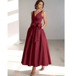 Lydia | Satin V-Neck Belted Midi Dress in Red