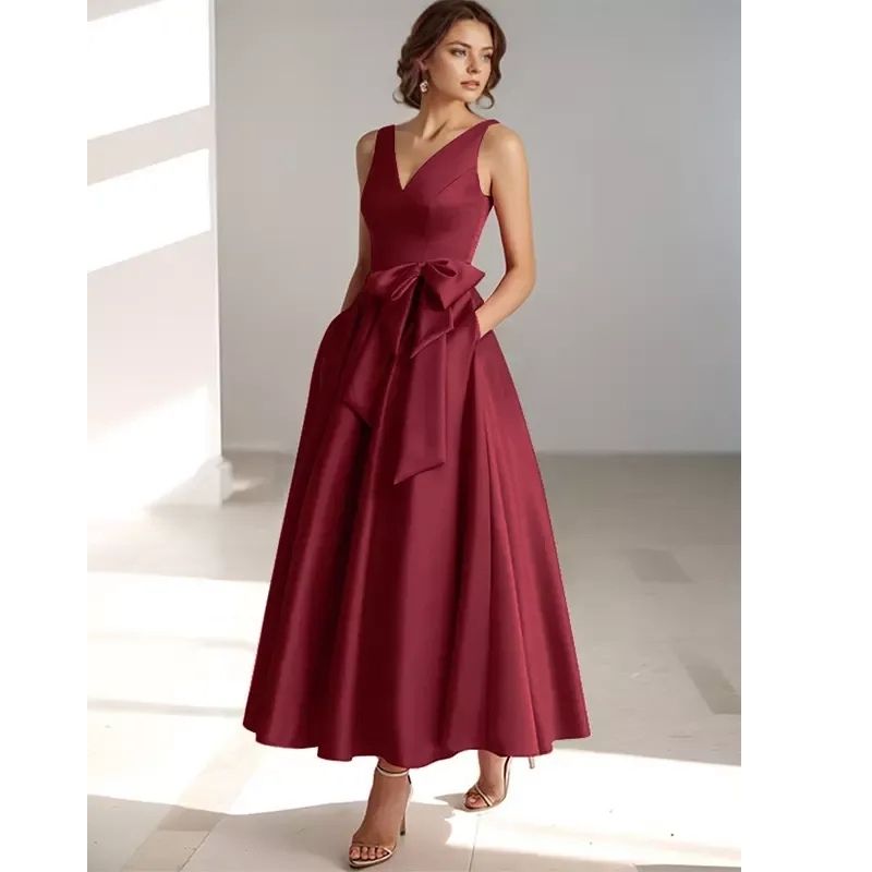 Lydia | Satin V-Neck Belted Midi Dress