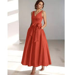 Lydia | Satin V-Neck Belted Midi Dress in Orange