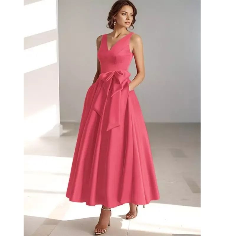 Lydia | Satin V-Neck Belted Midi Dress
