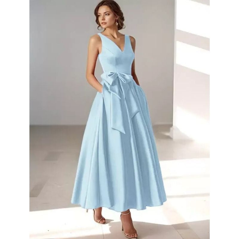 Lydia | Satin V-Neck Belted Midi Dress