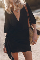 Solene | Wrap Tie-Waist Linen-Look Mini Dress in Black