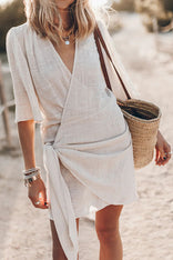 Solene | Wrap Tie-Waist Linen-Look Mini Dress in Cream
