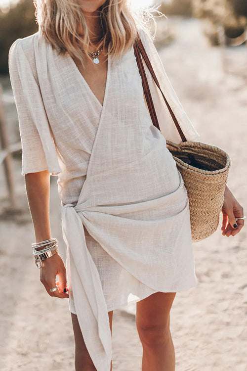 Solene | Wrap Tie-Waist Linen-Look Mini Dress
