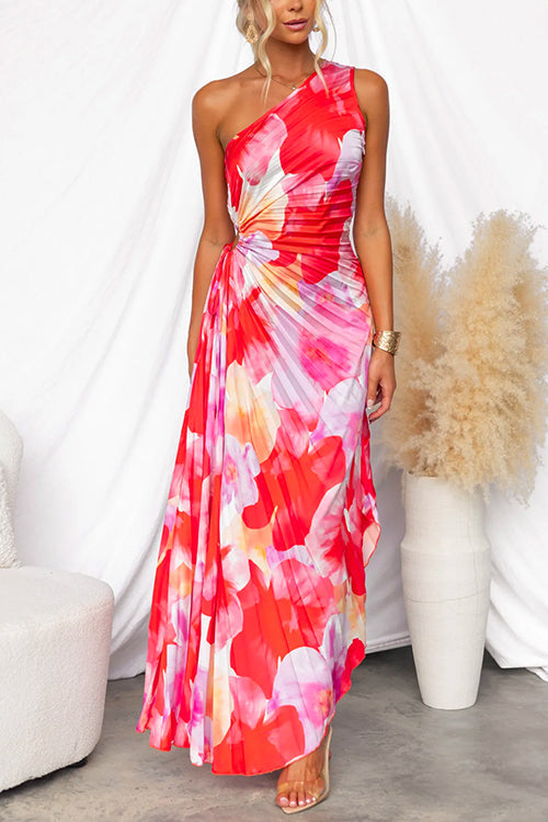 Elspeth | Pleated One-Shoulder Floral Maxi Dress