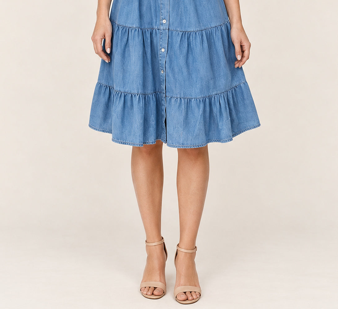 Gretel | Denim Button-Front Tiered Midi Dress