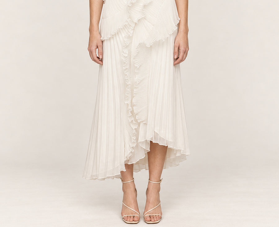 Antonia | Pleated Ruffle Halter Asymmetric Maxi Dress
