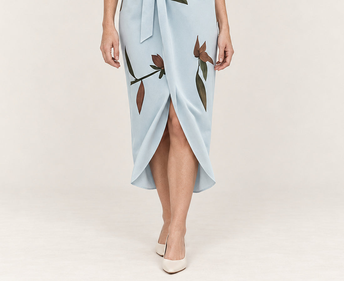 Maribel | Wrap Tie-Waist Leaf-Print Midi Dress