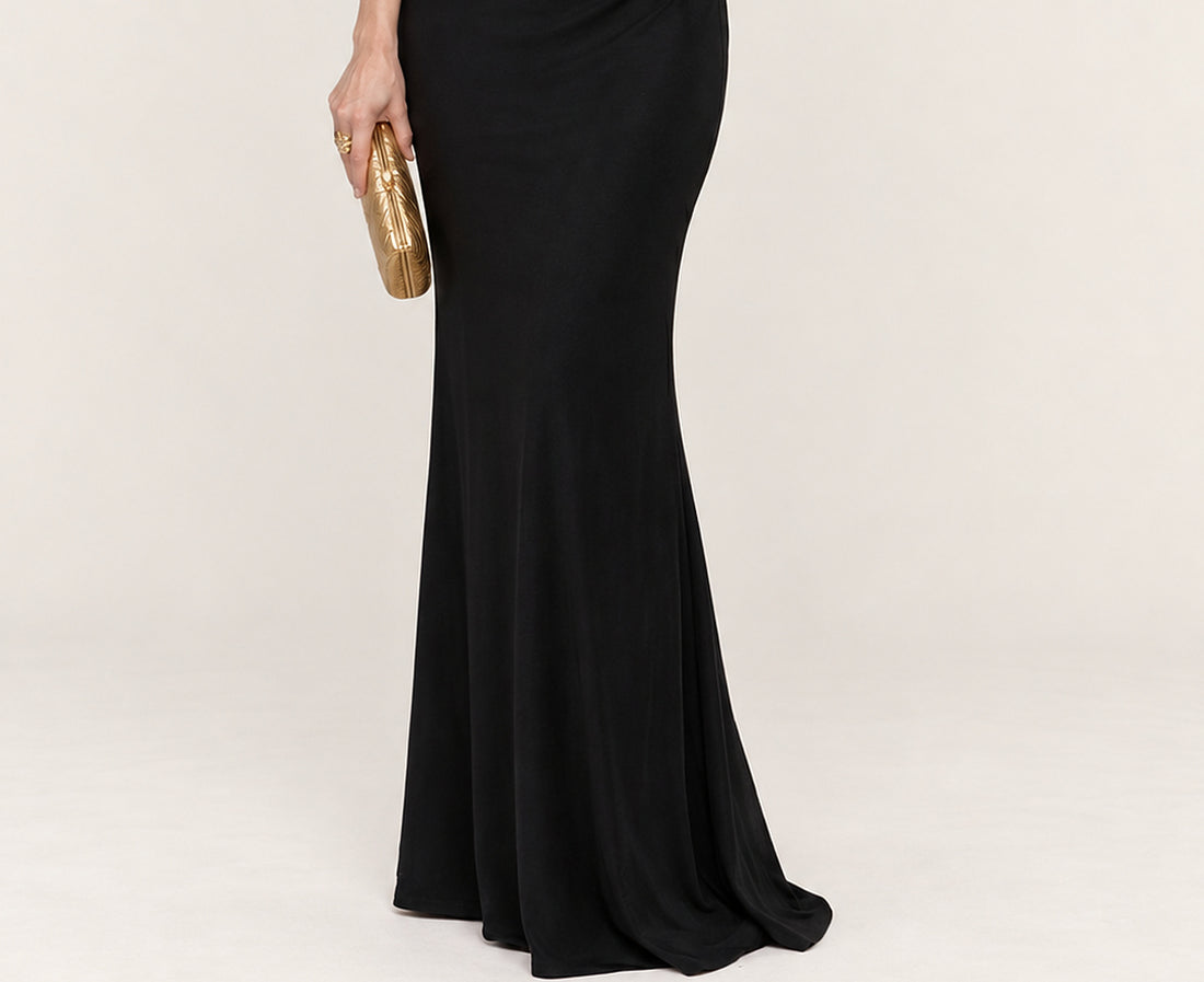 Eleanor | Asymmetric Neck Draped Fitted Maxi Dress