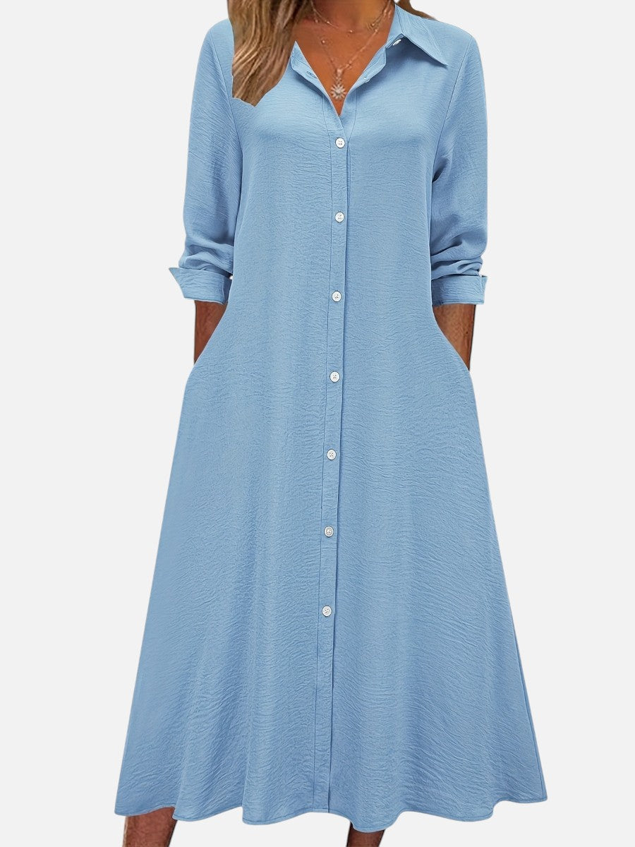 Women’s Button Front Midi Shirt Dress – Relaxed Fit