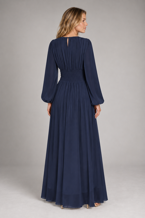 Sabine Ruched Maxi Dress | Women's Sheer-Sleeve Occasion Dress