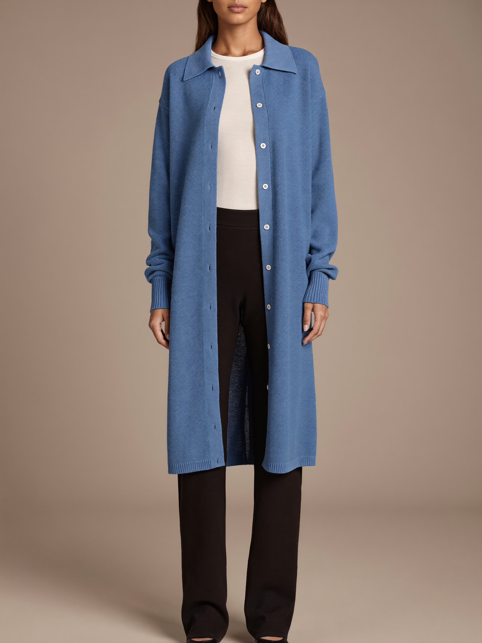 Women's Long Cardigan worn by model, pointed shirt collar, front view