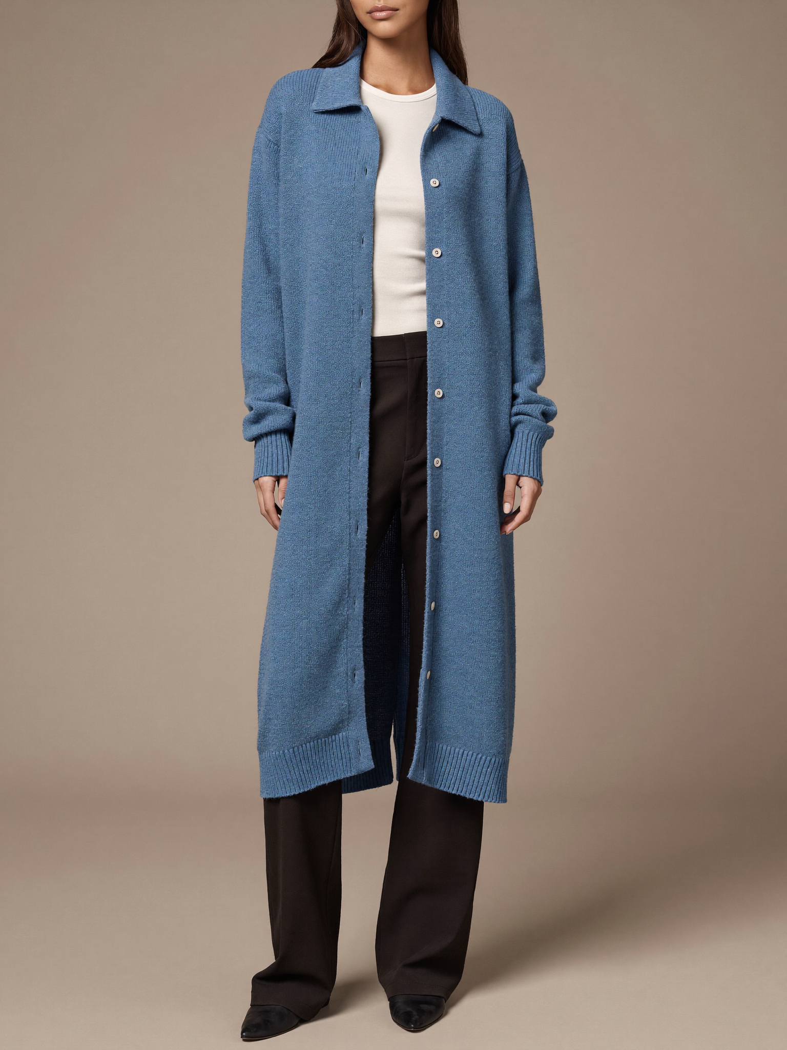 Women's Long Cardigan worn by model, pointed shirt collar, front view