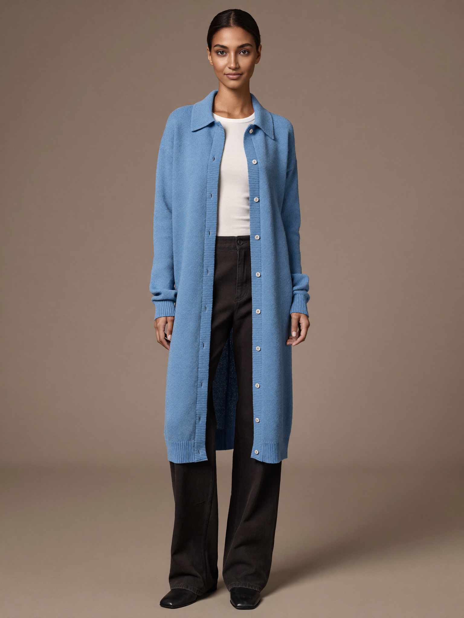 Women's Long Cardigan worn by model, pointed shirt collar, front view