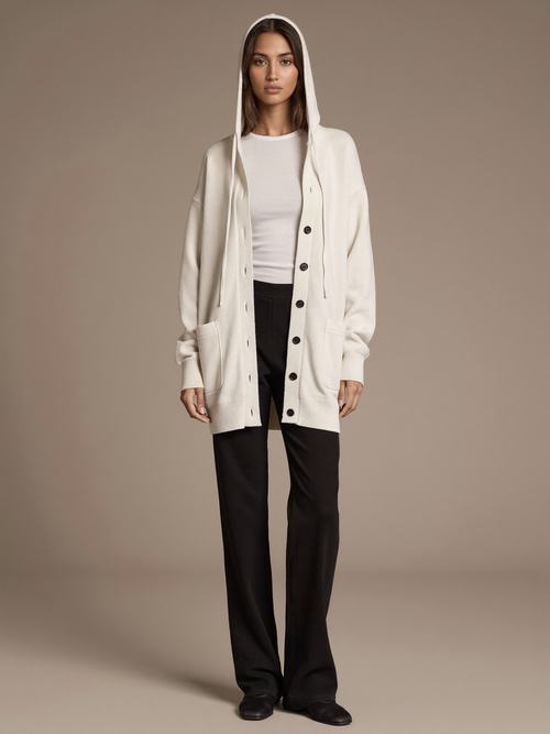 Women's Lightweight Cardigan worn by model, drawstring hood, front view