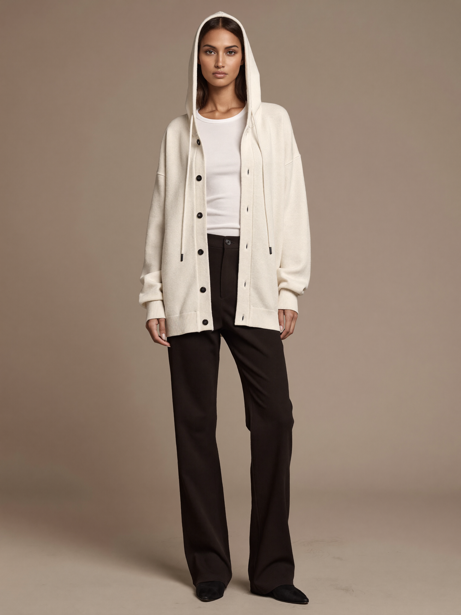 Women's Lightweight Cardigan worn by model, drawstring hood, front view