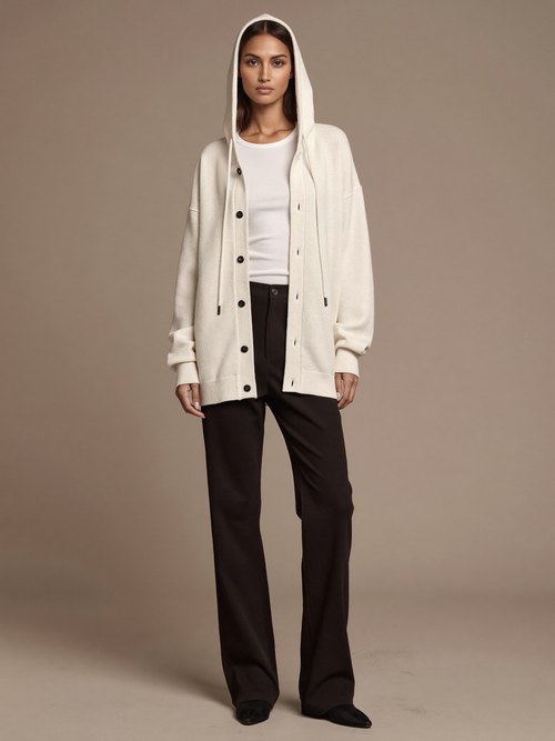 Women's Lightweight Cardigan worn by model, drawstring hood, front view