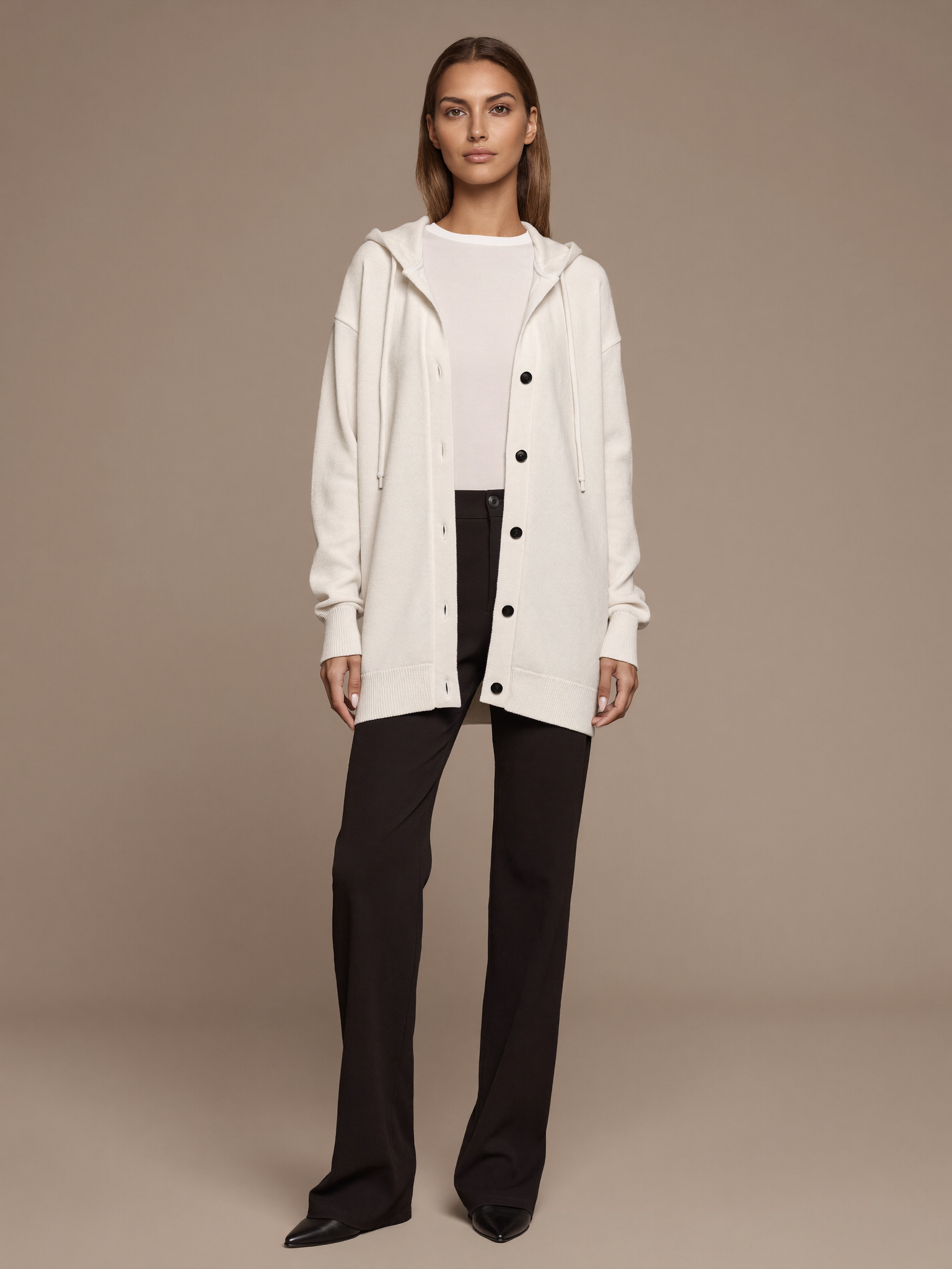 Women's Lightweight Cardigan worn by model, drawstring hood, front view