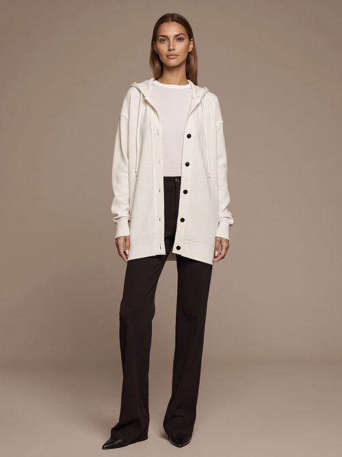 Women's Lightweight Cardigan worn by model, drawstring hood, front view