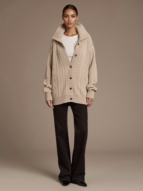 Women's Cotton Cardigan worn by model, oversized funnel collar, front view